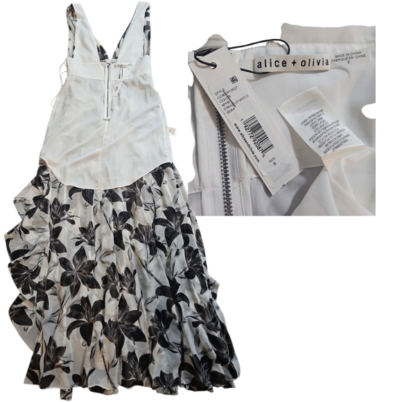 NWT Alice + Olivia Black/white Asymmetric Ruffled Maxi Dress sz 8 - Picture 9 of 11